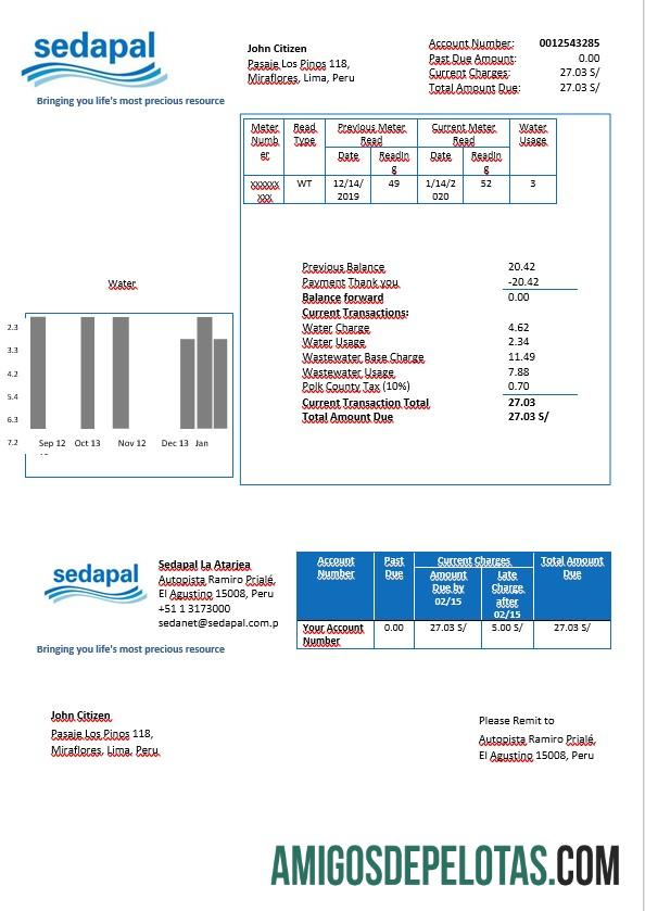 Conta de serviços públicos de água do Peru Sedapal La Atarjea em formato Word exemplo real